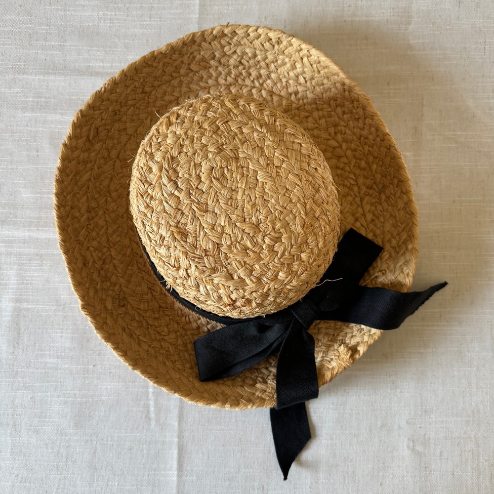 Scala Straw Boater Hat Natural Woven Black Ribbon Bow Vintage Style